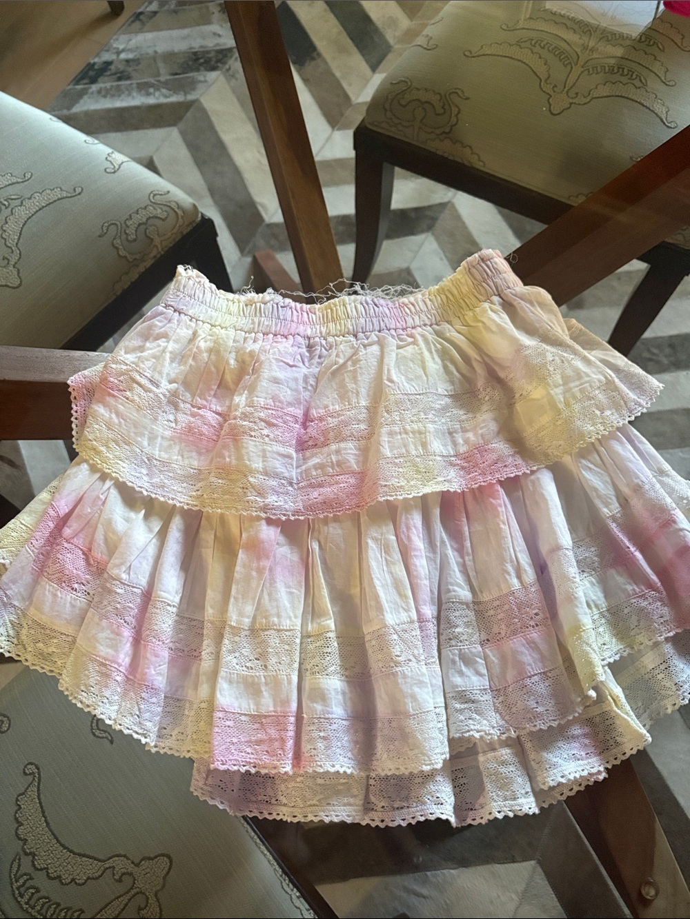 LoveShackFancy White Mini Skirt with Pastel Pink, Yellow & Lavender Tie-Dye